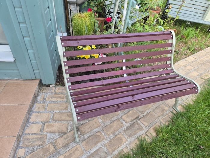 Garden bench, cast iron, beautiful design, restored seat, outdoor garden seating, treated timber decorations, furniture patio decking, great present. Ignore flowers, pots, plants, garden statue, chair, swing, patio table, balcony.