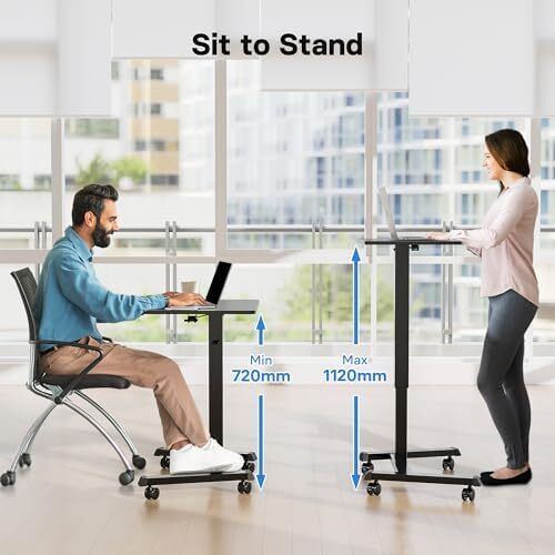 Mobile Standing Desk with 4 Rolling Castors, Height Adjustable Desk on Wheels, Portable Stand Up Desk, Over-Bed Table for Living Room