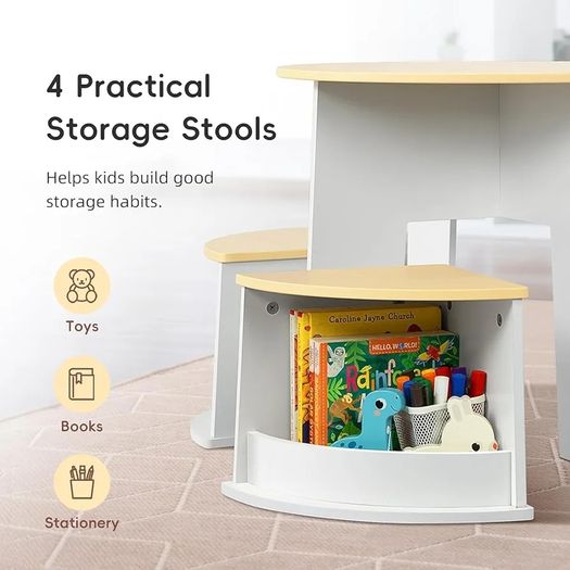 Toddler Table and Chair Set, Wooden Round Table with 4 Storage Stools, Kids Tables and Chairs for Arts, Crafts, Read and Play