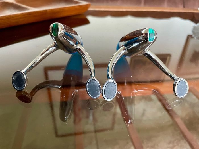 Vintage EZ ECH Centaur Salt Pepper Shakers Polished Stainless Steel Blue Space Age Design 1990s