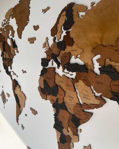 3D Classic Wooden World Map with Country Borders Country Names Capital Names US and Canada Borders and Names 3D Map Effect