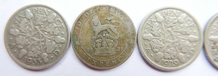 Vintage Silver Coins Six Pence 1921-1929-1930-1933 and 3 Pence 1951 12,3g