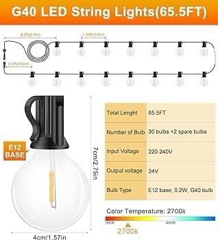 NEW SALE | Festoon Lights Outdoor Mains Powered - 65Ft 20m G40 Garden String Lights with 30+2 Shatterproof LED Bulbs Waterproof for Outside Patio Gazebo Pergola Backyard