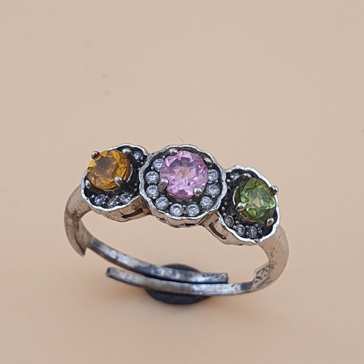 Vintage 925 Sterling Silver Multi-Stone Tourmaline Adjustable Ring