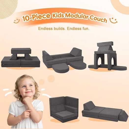 Corduroy Kids Play Sofa, 10-Pieces Toddler Chair, Light Grey Fold Out Bed Foam Modular Couch for Girls Boys, Convertible Armchair Children Sectional Playset for Playroom