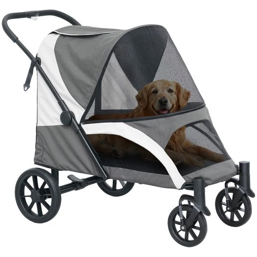 Foldable Pet Stroller for Large Dogs with 4 Big Wheels, Shock-Absorbing Frame, Safety Leashes, Brakes, Dark Grey