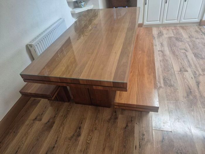 Large Solid Walnut Dining Table plus two benches