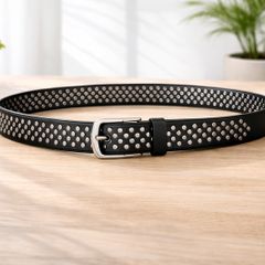 Unisex Black Studded Leather Belt Punk Rock Gothic Belt with Silver Rivets for Men & Women