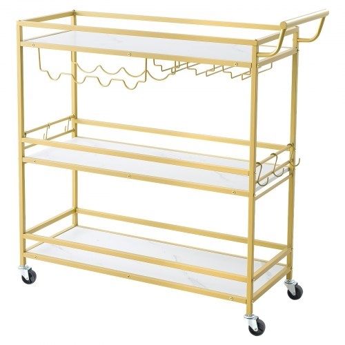 Bar Cart, 3 Tiers Home Kitchen Serving Carts, Modern Rolling Utility Station on Wheels, Mobile Drink Beverage Trolley with Wooden Shelf, Wine Rack, and Glass Holder, 910x330x935mm, Gold