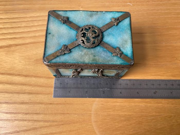 Vintage Chinese Stone Agate? Box with Ornamental Lion Head Dragon Phoenix Butterfly