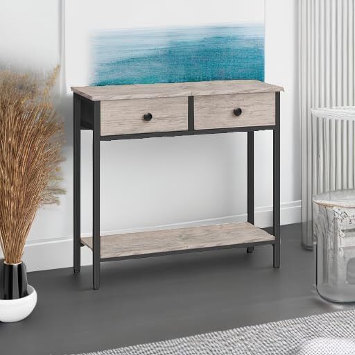 Slim Console Table, Narrow Console Table with 2 Drawers, Hallway Table with Storage, Sofe Table, Small Side Table for Small Spaces, Living Room, Entryway, Kitchen, Greige and Black