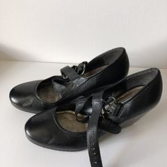 Clarks Black Leather Wedge Mary Jane Shoes - Size 6