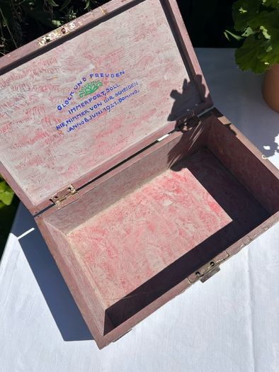 Hand painted wooden box with roses and cherubs