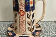 Vintage Sudlow England ceramic Imari style hand painted coffee pot with pewter lid, with matching plate