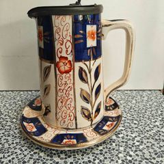 Vintage Sudlow England ceramic Imari style hand painted coffee pot with pewter lid, with matching plate