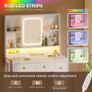 Dressing Table with Adjustable LED Mirror & Built-in USB Power Outlets & RGB Light Strip, Vanity Desk with 5 Fabric Drawers & 3-Layer Shelves, White Makeup Desk 90/40/139cm Image 3