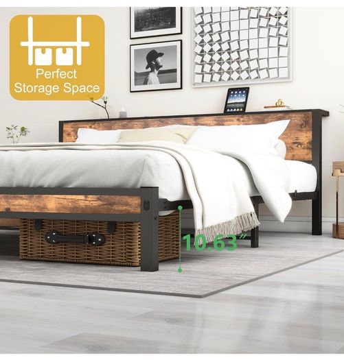 Double Bed Frame with Wooden Storage Shelf Headboard,No Box Spring Needed Metal Platform Bed Frame Double ,Noise Free,Reinforced Strong Support Leg,Textured Black&Brown Oak