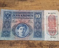 Austria-Hungary, 10 Kronen banknote, 2 January 1915, circulated, with overprint - free standard postage