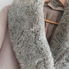 M&S wool and cashmere mix light taupe longline coat with detachable luxurious faux fur collar Sz 12 L (Fit 14-16UK)