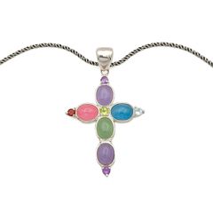 Vintage 925 Sterling Silver Multi Gemstone Cross Necklace