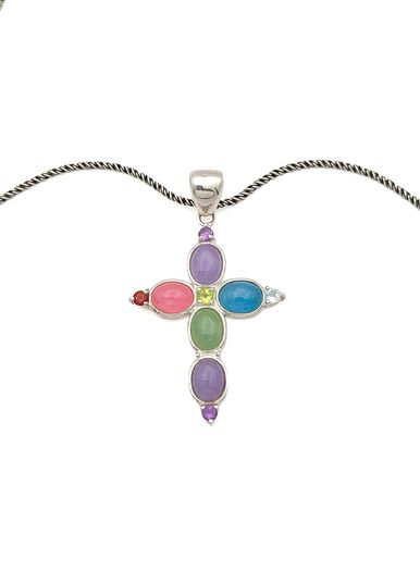 Vintage 925 Sterling Silver Multi Gemstone Cross Necklace