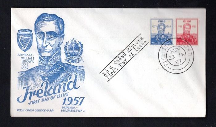 1957 Ireland Centenary of the Death of Admiral William Brown (Founder of Argentine Navy) Commemorative Stamps Illustrated First Day Cover (FDC) with Baile Atha Cliath (Dublin) cancel