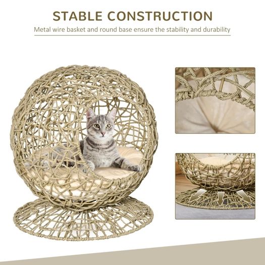 Wicker Cat Bed, Rattan Kitten Basket, Elevated Kitty House Cozy Cave with Soft Cushion 48 x 52cm Brown