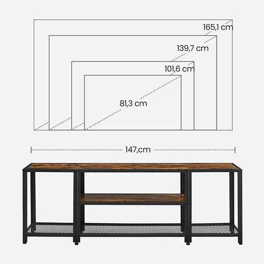 TV Shelf, Lowboard for TVs up to 65 Inches, TV Stand with 3 Levels, Open Storage Rack, Industrial Design, for Living Room, Vintage Brown/Black