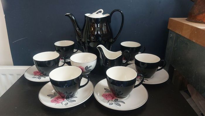 Stunning Vintage MCM 1950's Coffee Set for Six, Including Coffee Pot, by Johnson Bros, in Black and Cream with Pink Rose Detailing and Platinum Gilt Design