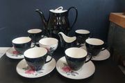 Stunning Vintage MCM 1950's Coffee Set for Six, Including Coffee Pot, by Johnson Bros, in Black and Cream with Pink Rose Detailing and Platinum Gilt Design