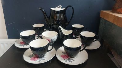Stunning Vintage MCM 1950's Coffee Set for Six, Including Coffee Pot, by Johnson Bros, in Black and Cream with Pink Rose Detailing and Platinum Gilt Design