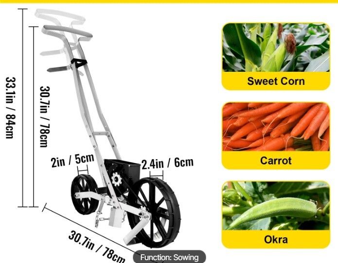 Garden Push Seeder Manual Metal Row Crop Planter with 6 Seed Plates for Vegetable Gardens