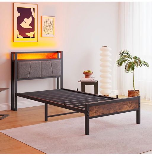 3ft Single Bed Frame with Storage Headboard,LED Lights,Metal Upholstered Platform Bed Frame with Charging Station,Mattress Foundation/Strong Slats Support/Under-bed Storage/Easy Assembly/Brown