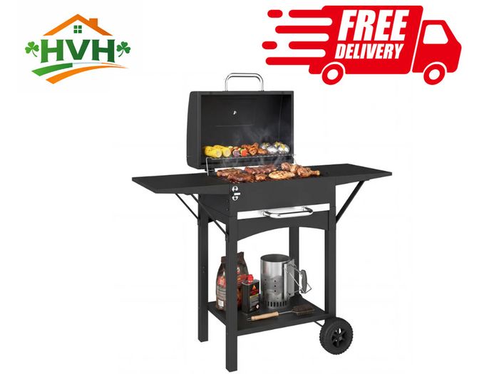 Charcoal grill with lid, BBQ smoker grill with 2 side tables Large grill area Grill grate Thermometer