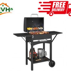 Charcoal grill with lid, BBQ smoker grill with 2 side tables Large grill area Grill grate Thermometer