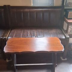 Vintage Solid Wood Pub Table & Leather Bench Seat Perfect for Bar or Man Cave