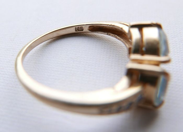 Vintage Solid 14k Gold Aquamarines And Diamonds Ring Size O - 3,35g