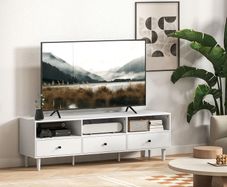 TV cabinet, TV stand for 190.5 cm screens, 3 open compartments, 3 drawers, particleboard, white