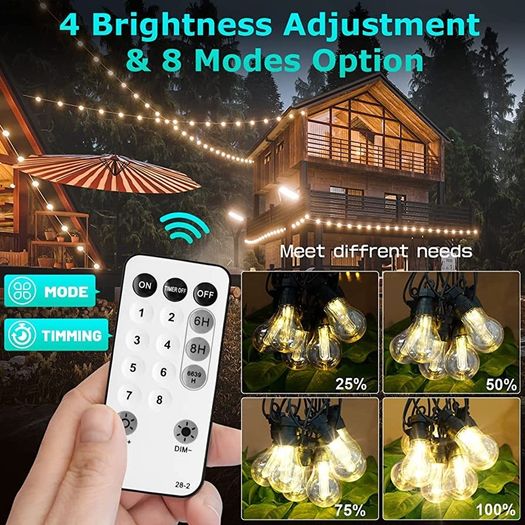 15M/49FT Romote Control Outdoor String lights Mains Powered with 25LED Shatterproof Bulbs, 8 Modes Waterproof Garden String Lights for Indoor Outside Wedding Patio Party (FREE POSTAGE)