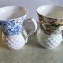 Set of 2 mugs decorative porcelain  fine bone china featuring a distinct textured, quilted or honeycomb base and intricate floral patterns. Image 2