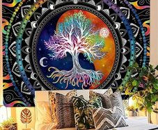 1Pcs 75x58cm Tree of Life Tapestry BlackLight Sun Moon Stars Galaxy Colorful Hippie Psychedelic Bedroom Dorm Decor Aesthetic
