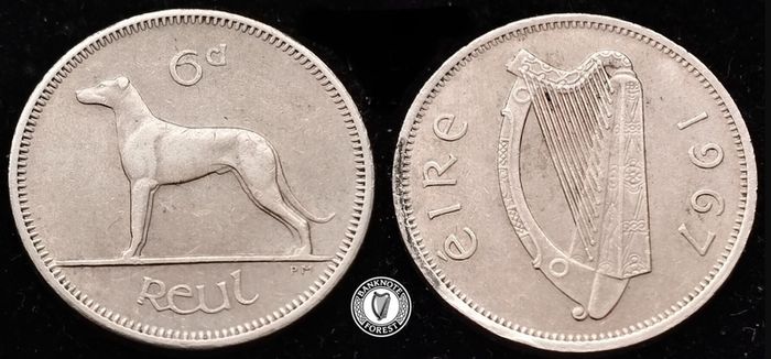 [#432] - Ireland 1967 | 6 Pence | Wolfhound | KM.13a