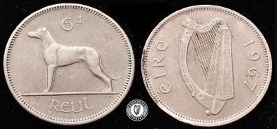 [#432] - Ireland 1967 | 6 Pence | Wolfhound | KM.13a