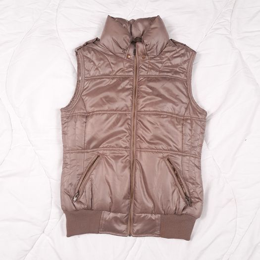 Per Una Bronze Beige Brown Metallic Quilted Puffer Vest Zip-Up Bodywarmer Gilet Size S