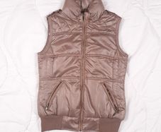 Per Una Bronze Beige Brown Metallic Quilted Puffer Vest Zip-Up Bodywarmer Gilet Size S