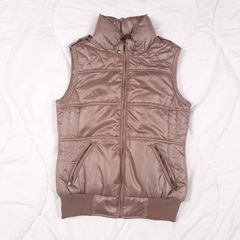Per Una Bronze Beige Brown Metallic Quilted Puffer Vest Zip-Up Bodywarmer Gilet Size S