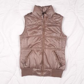 Per Una Bronze Beige Brown Metallic Quilted Puffer Vest Zip-Up Bodywarmer Gilet Size S