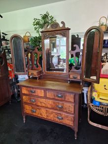 Antique Victorian Walnut Mirrored Vanity Dresser