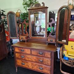 Antique Victorian Walnut Mirrored Vanity Dresser