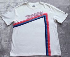 Tommy Jeans Size S White/Off White Oversized 100% Cotton Logo T-Shirt with bold retro logo graphic in pink, red and blue.